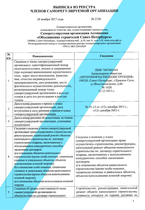 Выписка из реестра членов СРО (Объединение строителей Санкт-Петербурга) - страница 1